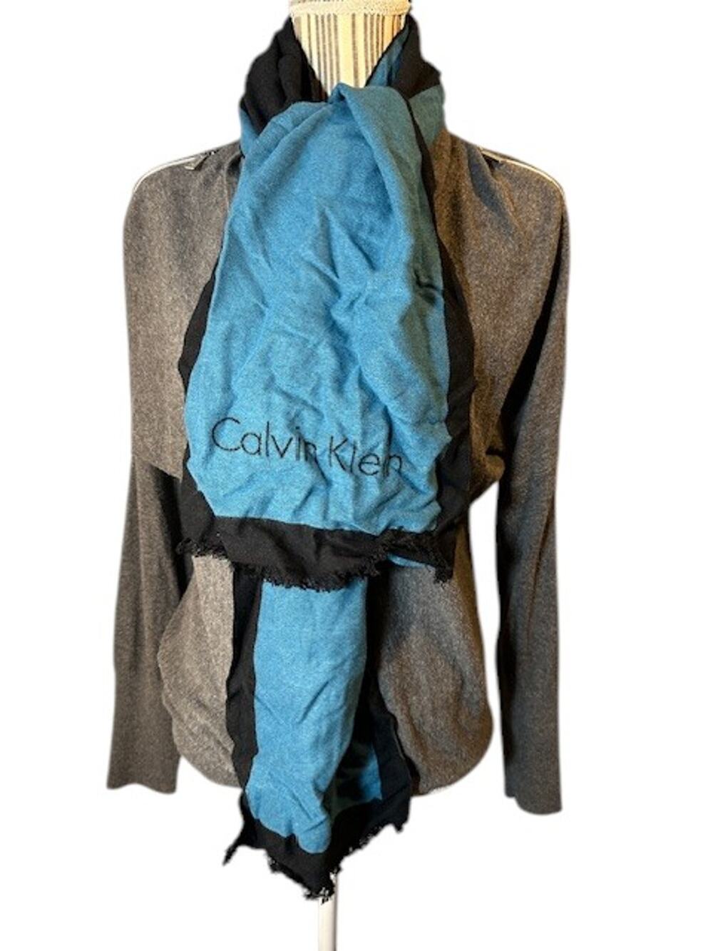 Calvin Klein Blue Black Viscose Warm Fringe Trim Scarf Women Sz OS